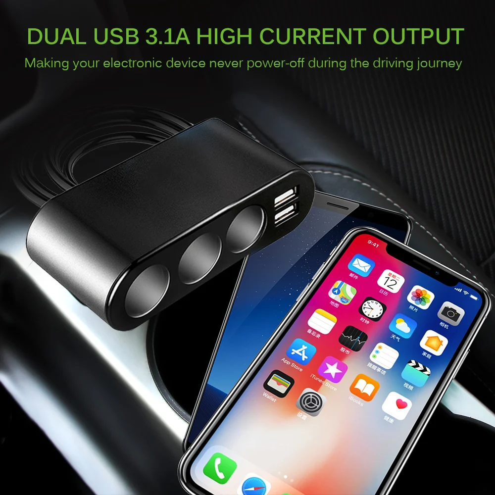 Onever 3 Way Авто розетка для автомобильного прикуривателя Разветвитель зарядное устройство 3.1A Dual USB Автомобильное зарядное устройство адаптер питания для iPhone samsung gps
