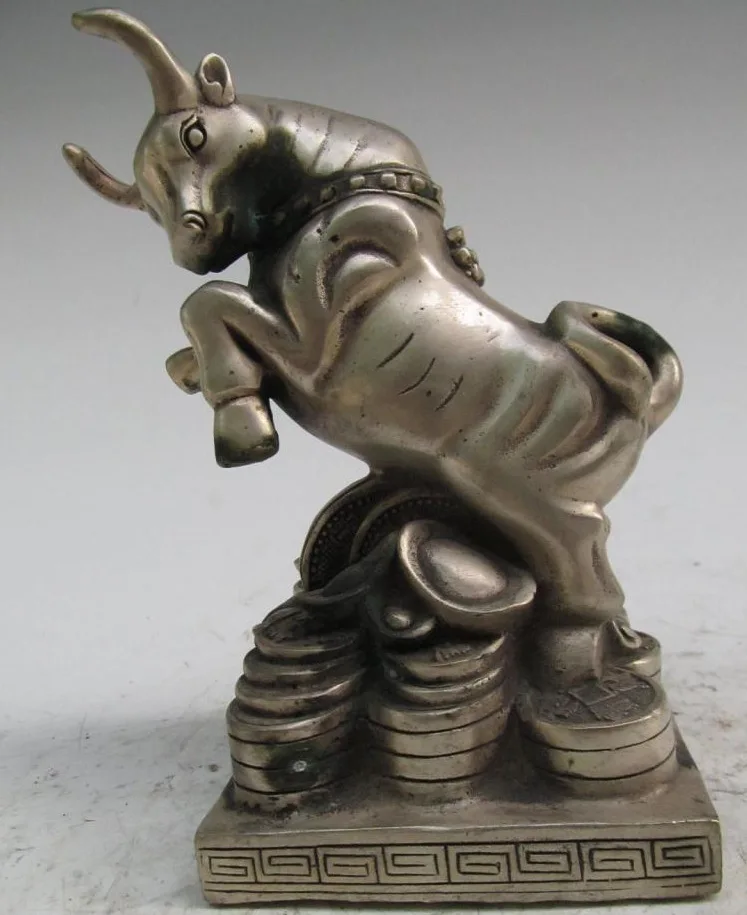 

3++China Classic Bronze Silver Home Feng Shui Lucky Coin Money rage OX Bull Statue