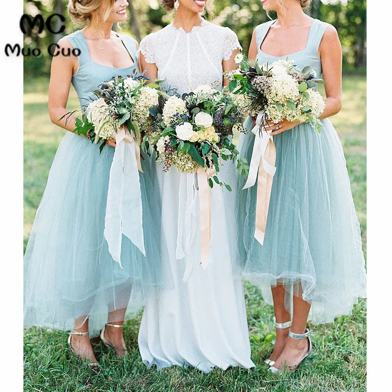A-line Square High-Low Tulle Beaded Simple Bridesmaid Dresses4