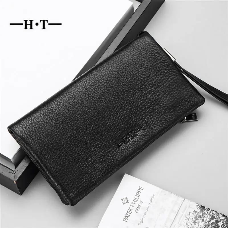

HT Long Wallets Genuine Leather Men Purse Cellphone Pockets Coin Purse ID Credit Card Holder Black Notecase Letter Embossing