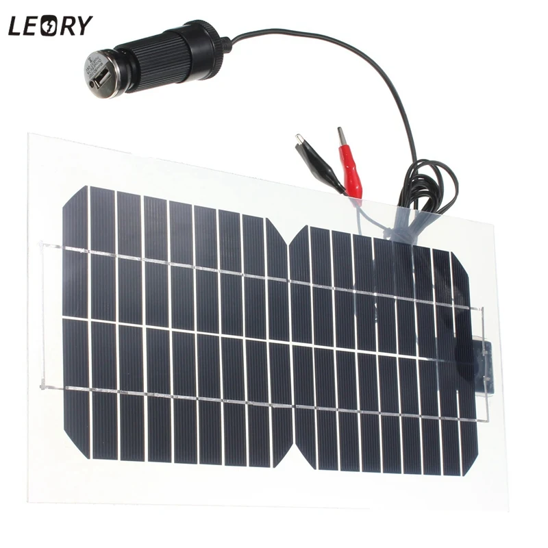 

LEORY 5.5W 18V Silicon Solar Panel Semi-Flexible Transparent Monocrystalline Solar Cells Sunpower Engergy +2 Clips+USB Charger