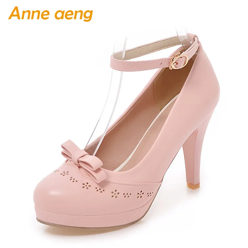 

2019 New Spring/Autumn Women Pumps High Thin Heel Round Toe Buckle Fashion Butterfly-Knot Sweet Women Platform Shoes Pink Pumps