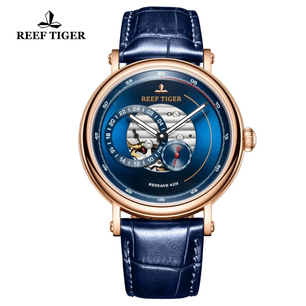 

Reef Tiger/RT 2019 Luxury Brand Men Designer Watches Blue Reserve Automatic Watch Fashion Strap Leather Watch Relogio Masculino