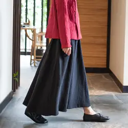 Юбка женская оригинальная Китайский стиль Ретро литературный хлопчатобумажная льняная юбка дикий А-силуэт юбка черный