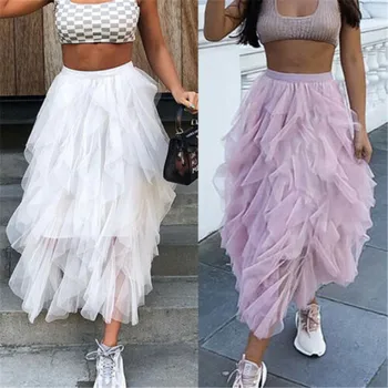 

Summer Maxi Long Tulle Mesh Skirts A-Line Fashion Skirts for Women Elastic High Waist Lolita Elegant Girls Formal Party Skirt