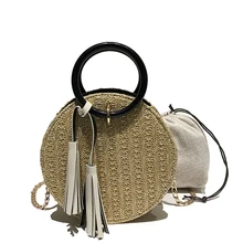 

2018 Women Handmade Round Beach Shoulder Bag Circle Straw Bags Summer Woven Rattan Handbags Women Messenger Bags