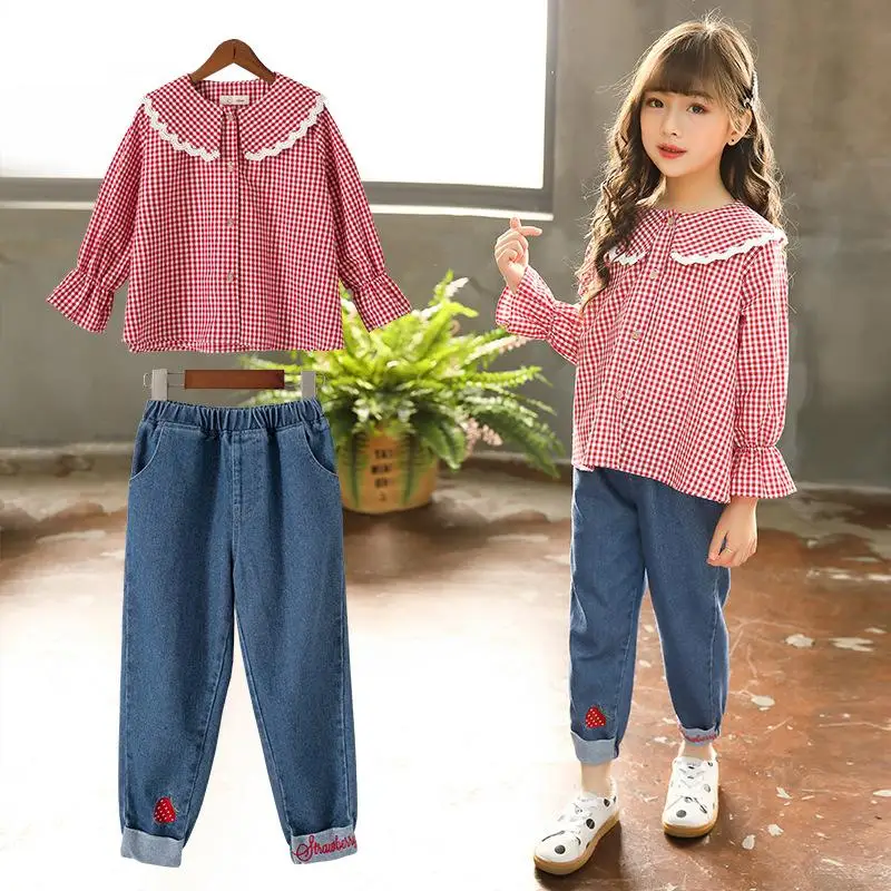 

Fashion Striped Blouses for Kids Girls Red Shirts with Jeans 2019 Teenager Tops Wear Children Clothing JN842