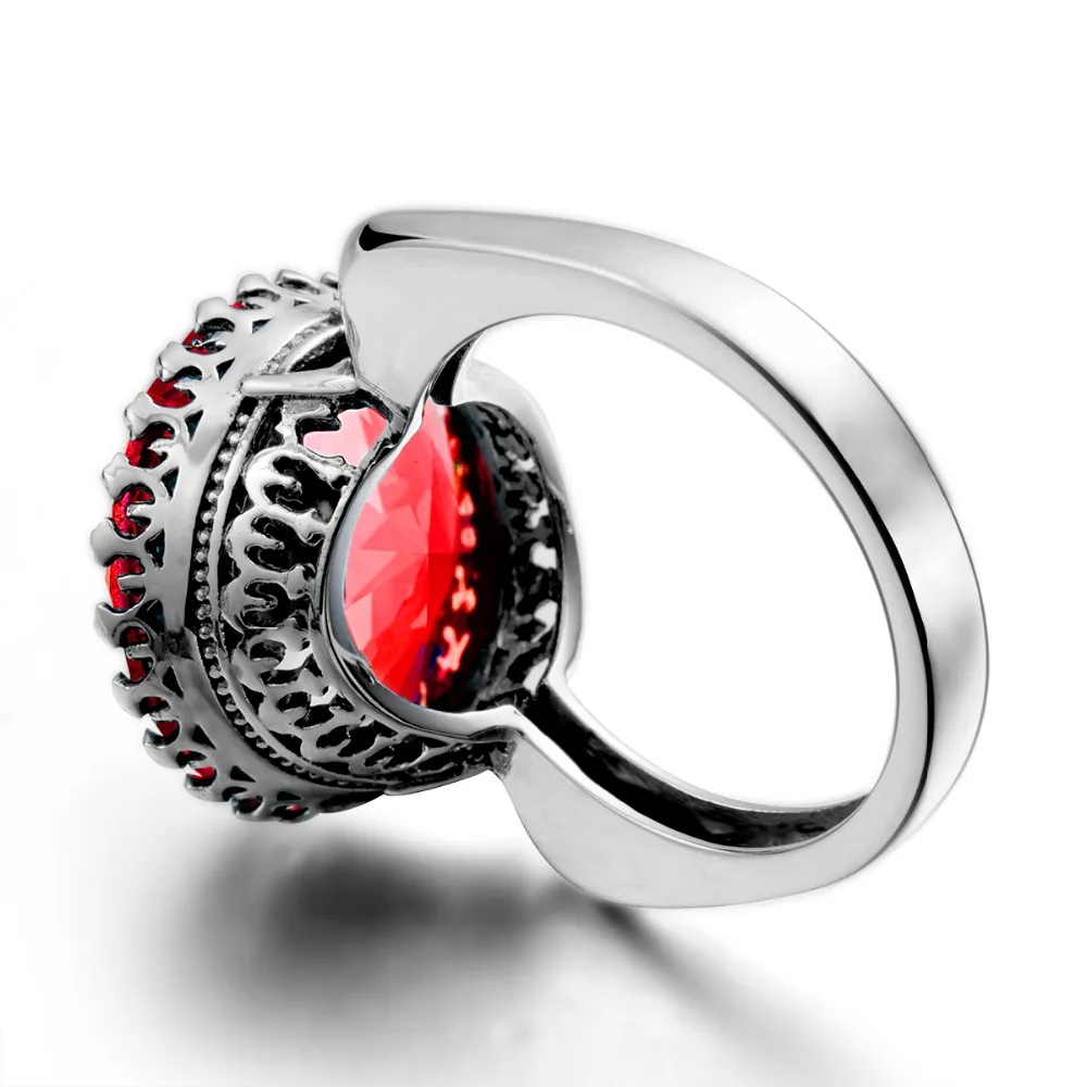 Szjinao Wholesale Princess Crown Big Rings for Women Round Red RubyWedding Engagement Punk Rock 925 Sterling Silver Jewelry