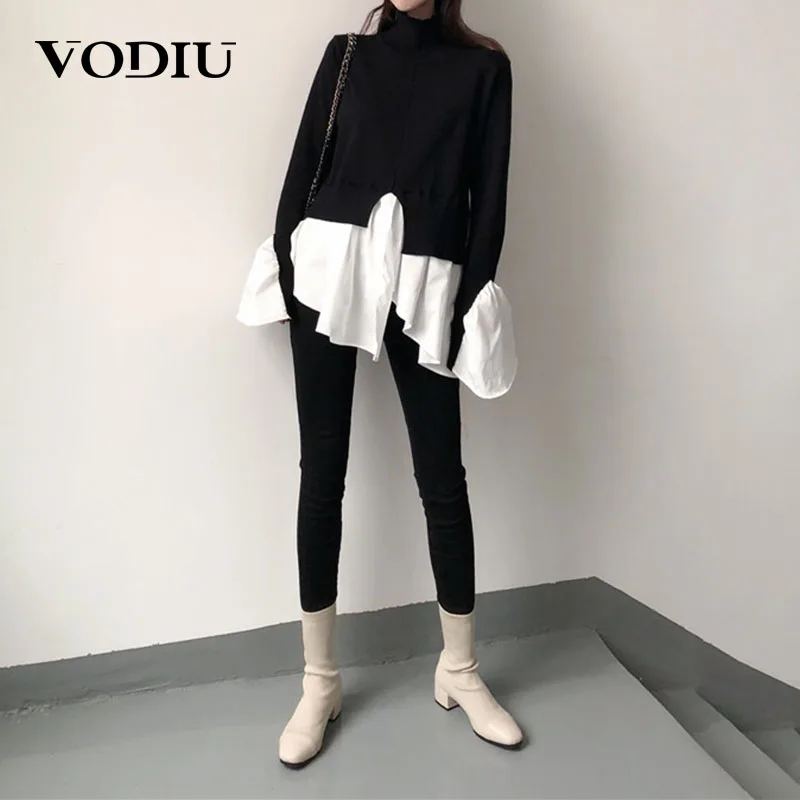 

Pullover Women Turtleneck Sweater Autumn Spring Patchwork Jumper Long Sleeve Black White Pull Knitted Sweater Female Turtleneck