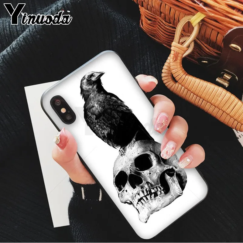 Crow sat on the skull and raven on a moonlight