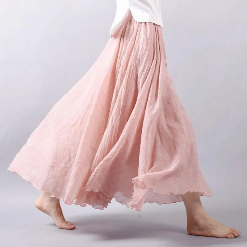 1PC 2018 Women Linen Cotton Long Skirts Elastic Waist Pleated Maxi