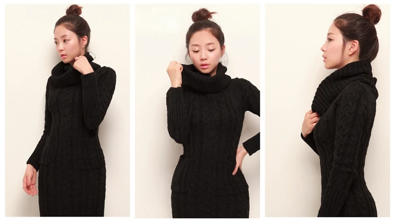 Женское трикотажное платье-свитер, корейское осенне-зимнее платье-свитер с высоким воротником, теплое тонкое вязаное длинное платье для женщин K322