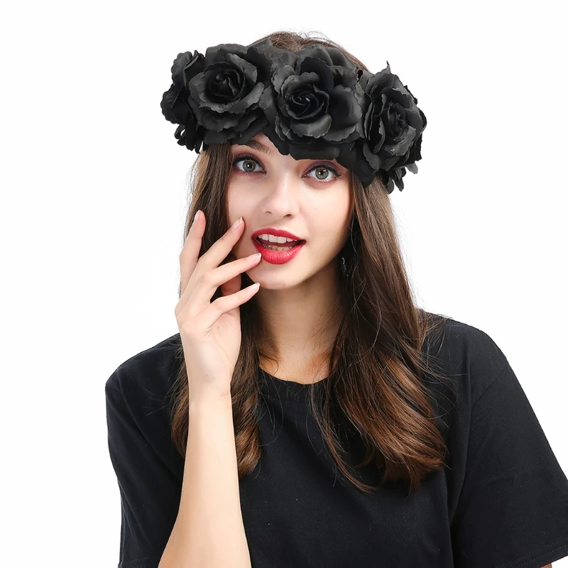 Головной убор для женщин День мертвых головных уборов платье черная Роза праздник Корона фестиваль Готический ободок обруч для волос аксессуары для волос