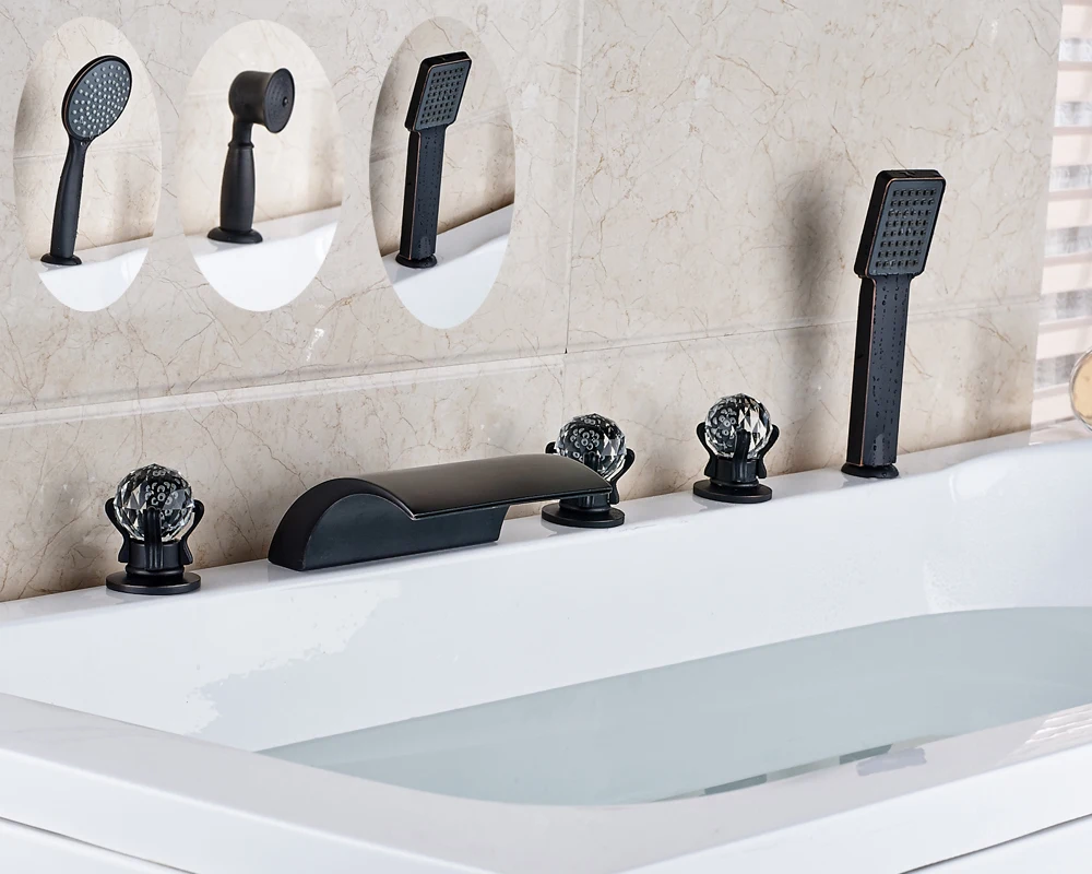 

Oil Rubbed Bronze Waterfall Spout Widespread 5pcs Waterfall Spout Three Crystal Handles With Hand Shower
