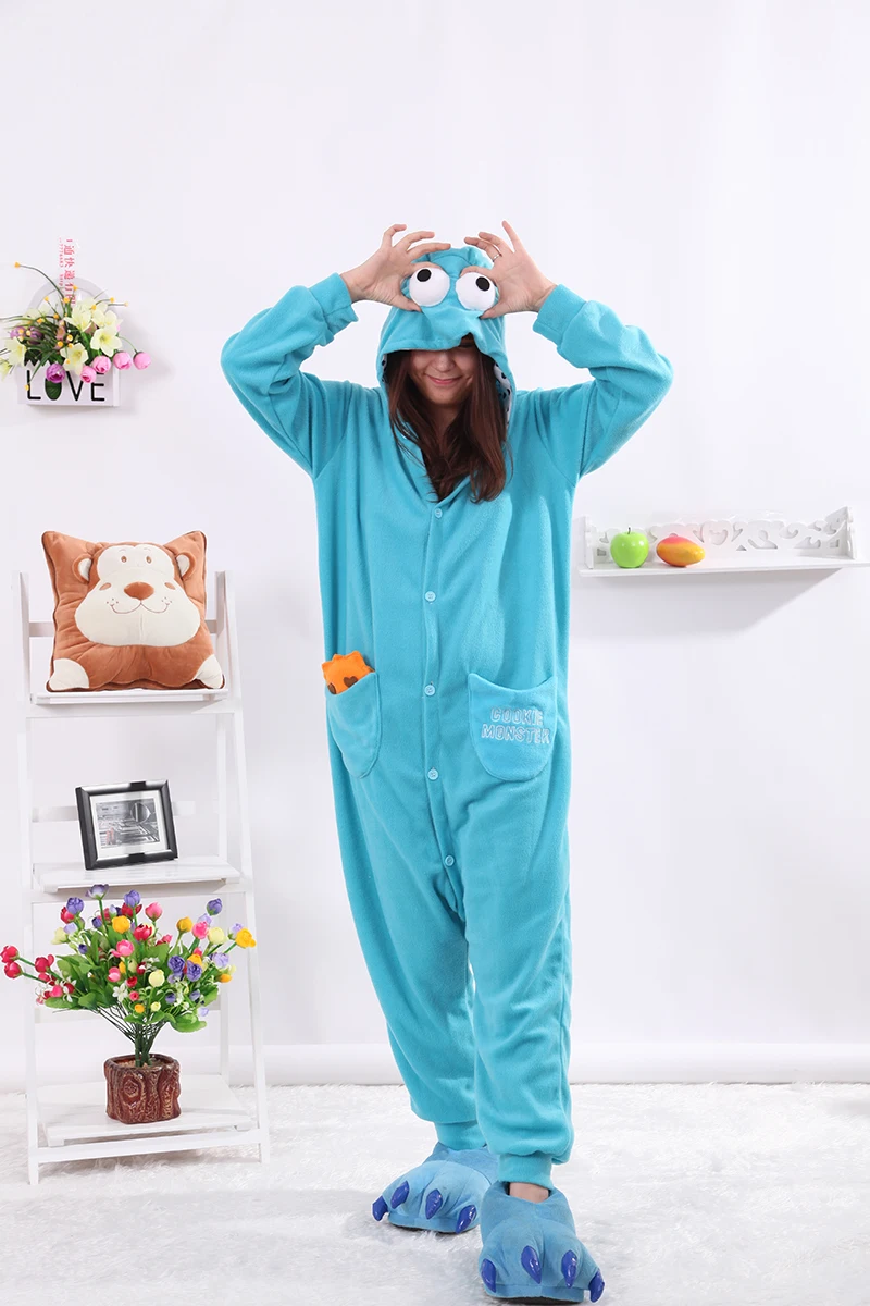 Kigurumi Cartoon Blue Cookie Monster Onesies Pigiama Per Adulti Animal Christmas Sleepwear Costumi Cosplay Unisex Sleepsuit Pigiama