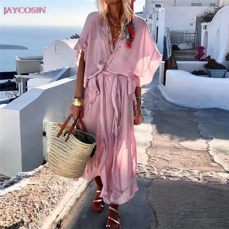 

JAYCOSIN 2019 Seasonal Dress Fashion Women Boho V-Neck Solid Ruffles Short Sleeve Loose Dress Plus Size S- 4XL Size Drop #0713
