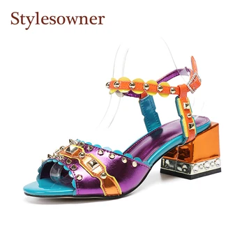 

Stylesowner 2019 Summer Sandal Shoe 5cm Chunky Heel Color Match Open Toe Ankle Strap Sandalias Rivets Studded Retro Fashion Shoe