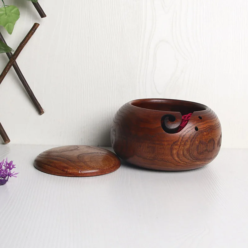 High Quality Wooden Bamboo Dustproof Yarn Bowl Holder with Lid Crochet Wool Storage Tool VE