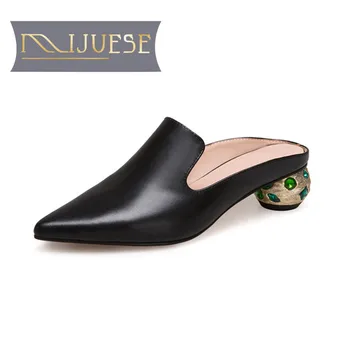 

MLJUESE 2018 women slippers Genuine leather Black color slip on pointed toe high heels sandals women size 34-40
