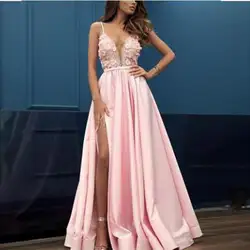 Элегантное розовое атласное платье спагетти Аппликации Высокая Разделение трапециевидной формы длиной до пола длинное строгое платье