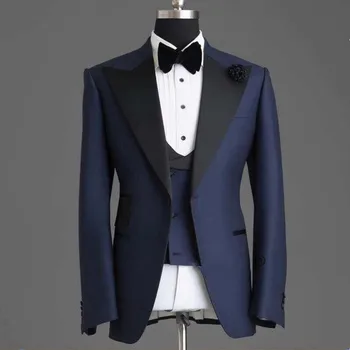 

High quality Bespoke Navy Wedding Suits For men Peak Lapel Slim Fit 3 Piece (Jacket+Vest+Pants) Wedding Groom Prom Tuxedos Suits