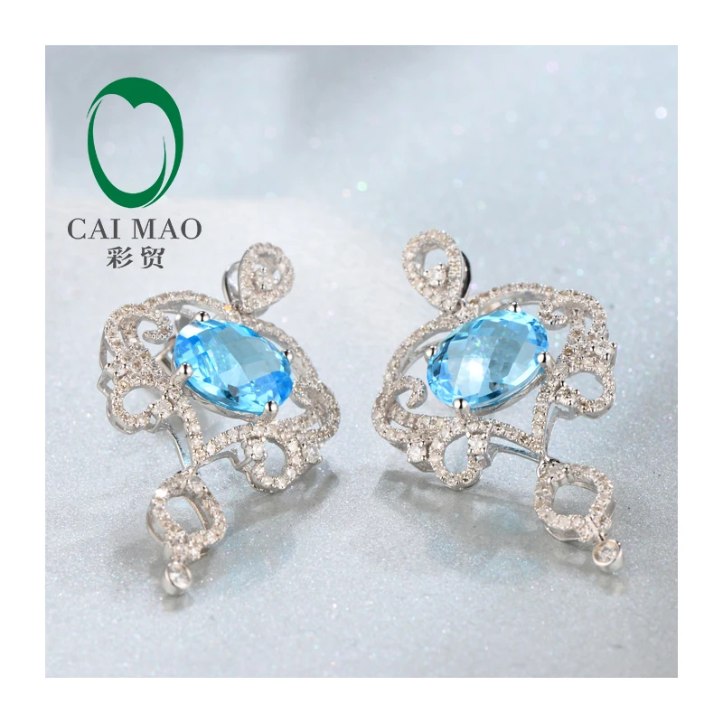 

Free shipping 7x9mm Oval Cut 4.52ct Natural Flawless Blue Topaz Diamond 14kt White Gold Charming Earrings