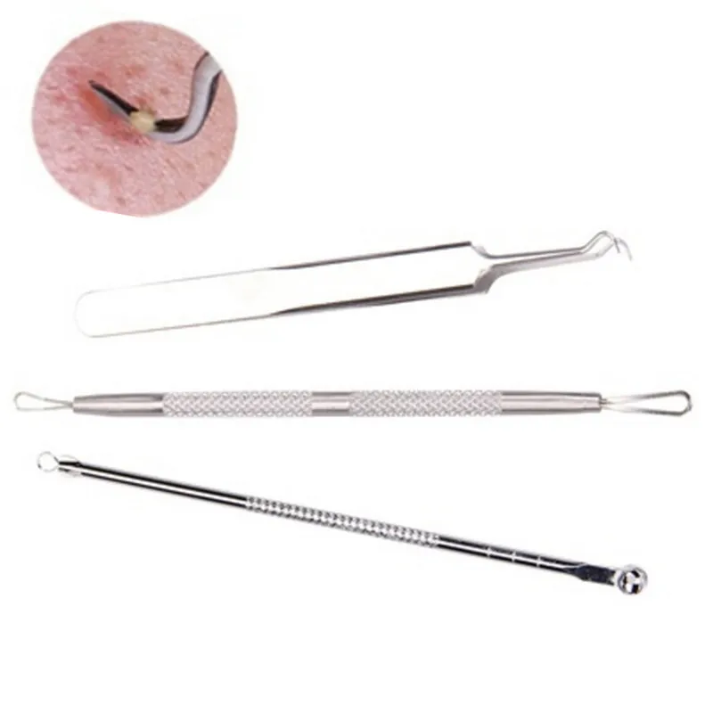 3Pcs Stainless face Acne Spot Pimple Remover Extractor Tool Tweezer+Acne Needle+Blackhead Remover