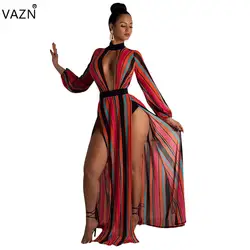 VAZN осень горячий 2018 новый сексуальный Модный женский полосатый платье макси сексуальный v-образный вырез полный рукав дамы Сплит Открытое