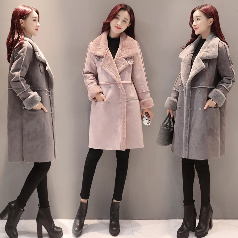 Новая зимняя Женская ветровка, куртка, свободное теплое пальто средней длины из плюша с длинным рукавом, двубортное Женское пальто большого размера, KO170