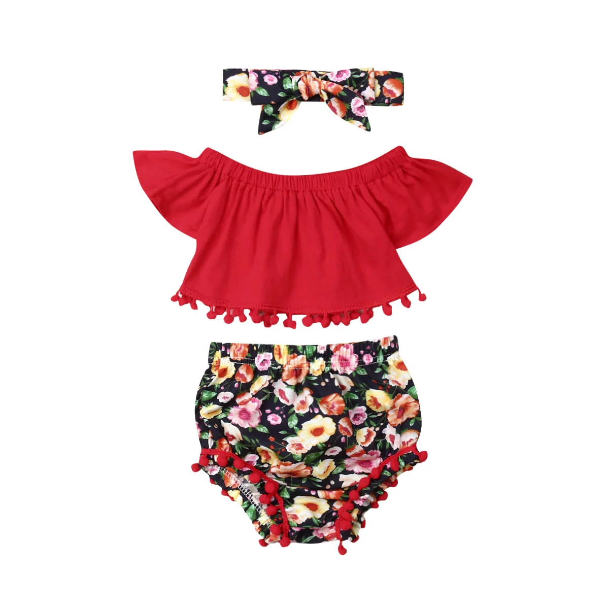 

0-24M Summer Infant Kids Baby Girls Clothes Sets Ruffles Sleeve T Shirts Tops+Floral Print Shorts+Headband
