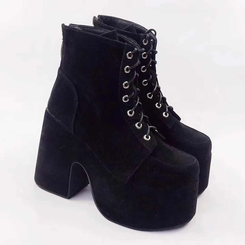 Высококачественные женские черные сапоги на высокой платформе в готическом стиле, панк, на шнуровке, Лолита, высокие сапоги на шнуровке, короткие сапоги из искусственной кожи в Стиле Лолита