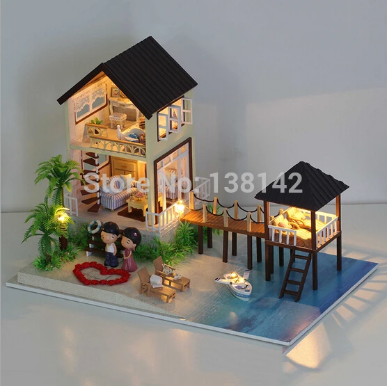 A027 большой кукольный домик Миниатюрный DIY ручной работы Мальдивы Деревянный Кукольный дом все дома Мебель включая 3D светодиодные фонари