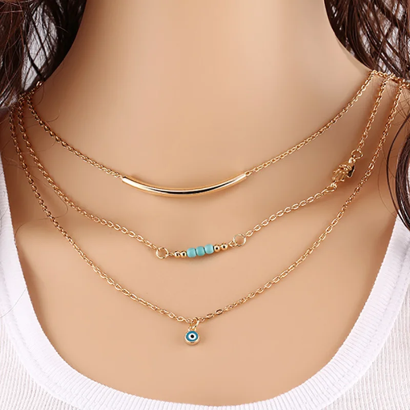 

Eye Pendant Necklaces MultiLayer Gold Color Hamsa Hand Link Chain Blue Beads Charm Statement Clavicle Choke Women Jewelry