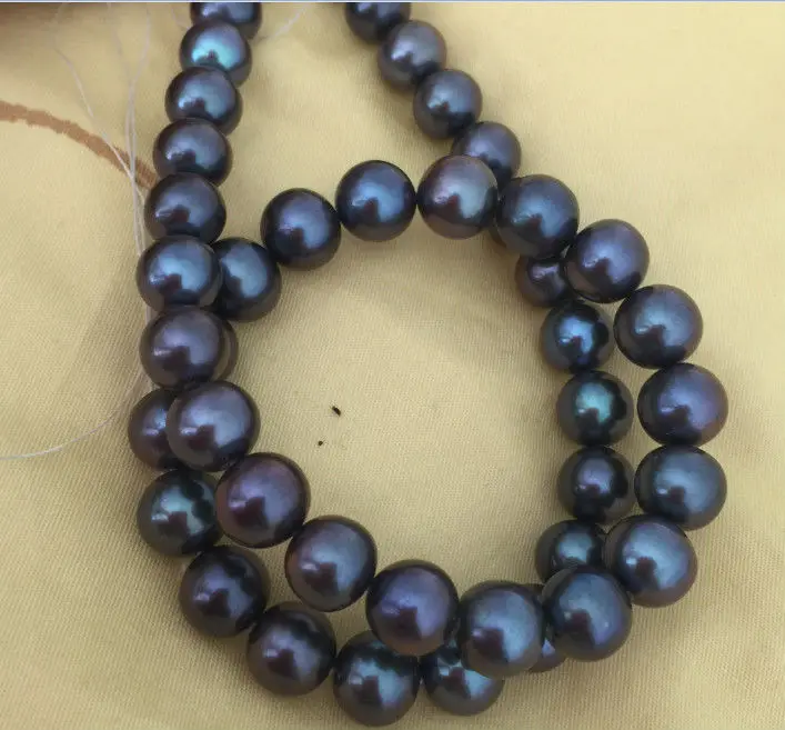 

stunningAAA 10-11mm round south sea black blue pearl necklace 18inch14KGP