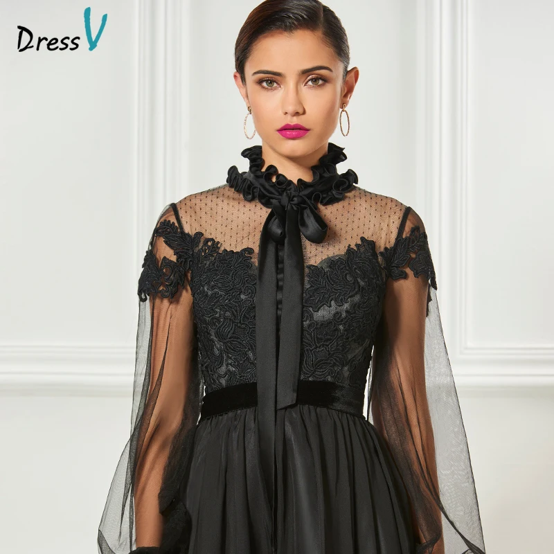 Dressv черное элегантное коктейльное платье с высоким воротом длинными рукавами