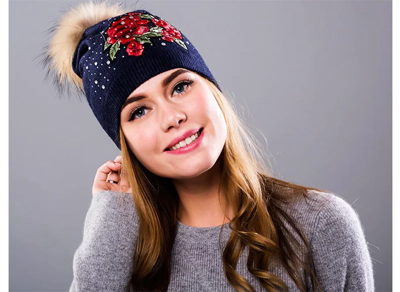 Winter Hat Women Knit Beanie Warm Cap Wool Flower Real Raccoon Pom Pom Autumn Casual Outdoor Ski Skullies Snow Accessory (23)