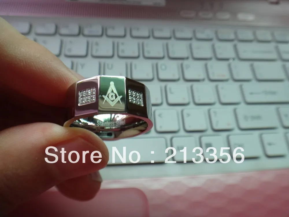 

FREE SHIPPING ! USA HOT SELLING 10MM STAINLESS STEEL SILVER MASONIC MASTER WEDDING RING WITH FREEMASON &12 PCS STONE SIZE 8-14
