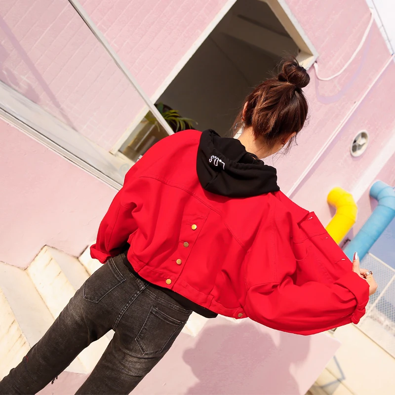 

Red denim jacket female autumn new fashion wild short denim jacket female Harajuku loose casual denim jacket