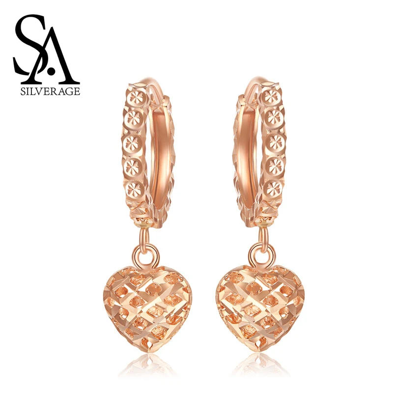 

SA SILVERAGE 18K Yellow Gold and Rose Gold Heart Shape Drop Earrings for Woman Gold Earrings Circle Earrings 18K for Women 2019