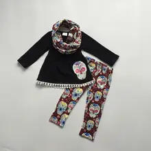 Осенне-зимние комплекты из 3 предметов для маленьких девочек: шарф с черепом на Хэллоуин и помпонами, винно-черный топ и штаны хлопковый бутик детской одежды с принтом