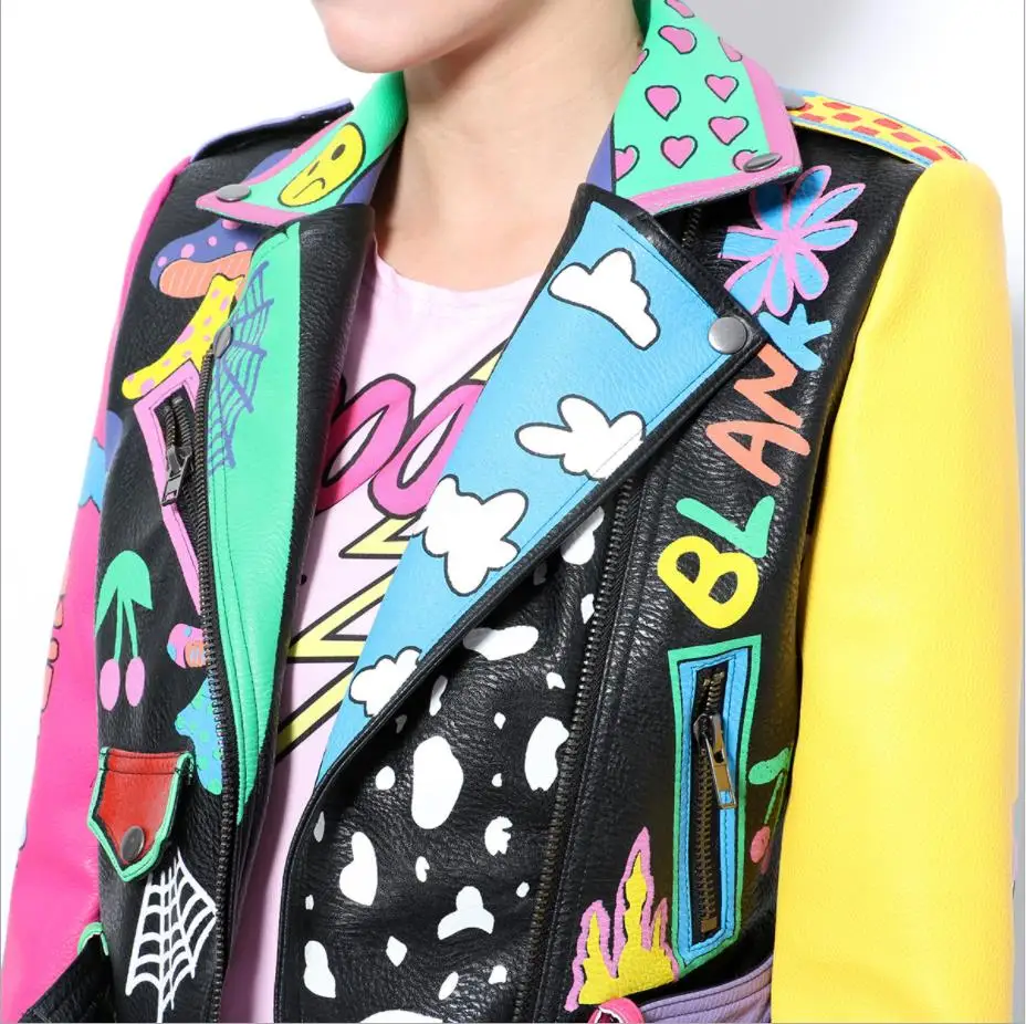 Longues Nouvelle Picture Graffiti En À Cool D'extérieur Automne Mode Femelle Vestes Manteaux Moto Hauts Manches Marque 2018 Gx1614 Cuir Style Pu UVqSGLzpM