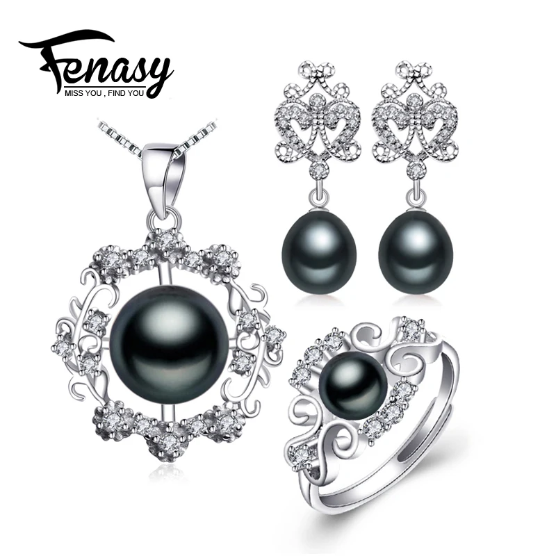 

FENASY 925 Sterling Silver earrings with stones,natural Pearl jewelry sets for women,bohemian wedding set ethnic earrings rings