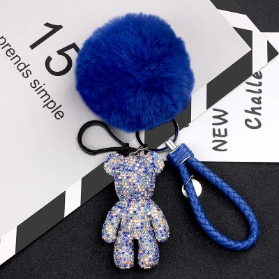 Милые Стразы мультфильм Мрачные медведь брелок меховой помпон ключ "помпон" брелок для ключей держатель кулон для женщин сумка Шарм Chaveiro llaveros mujer - Цвет: blue fur