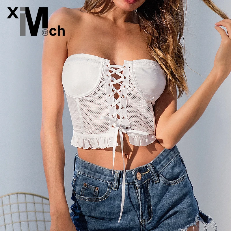 

Mix&Match Summer Fashion Sexy Tops Strapless Ruffles hem Cross over Lace up Mesh White Crop Tops TP05712E