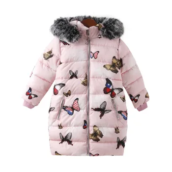 

New 2019 Children Kids Girls Winter Fur Collar Warm Butterfly Thick Long Padded Down Jacket Coat For Girls Snow Outwear Clothes