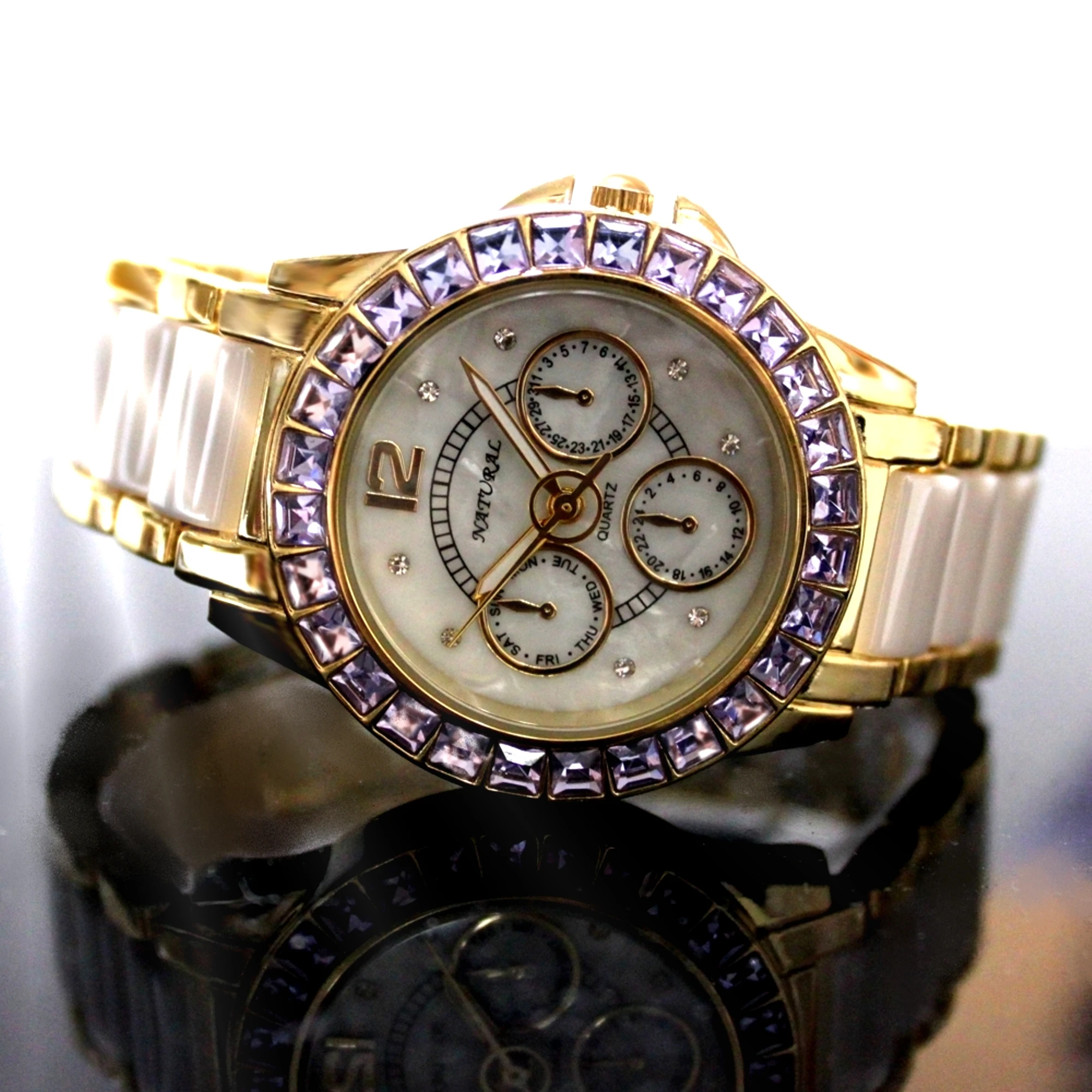 FW830W NATURAL White Dial Ceramic Water Resistant Violet Crystal  Bracelet Watch