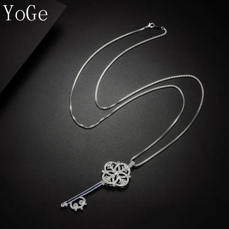 YoGe массивные украшения, P3411 Роскошные AA CZ выдолбленные сверкающие большой ключ формы длинный свитер цепи, Женское Ожерелье