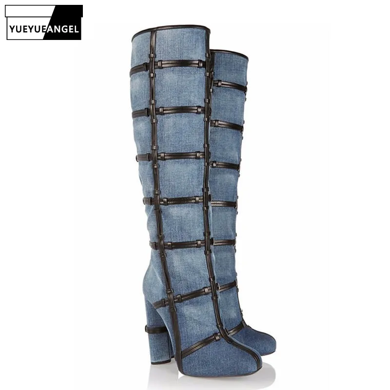 

Fashion Women Jeans Thigh High Boots Sexy Night Club Cowboy High Heels Shoes 2019 New Large Size Denim Party Ladies Footwear