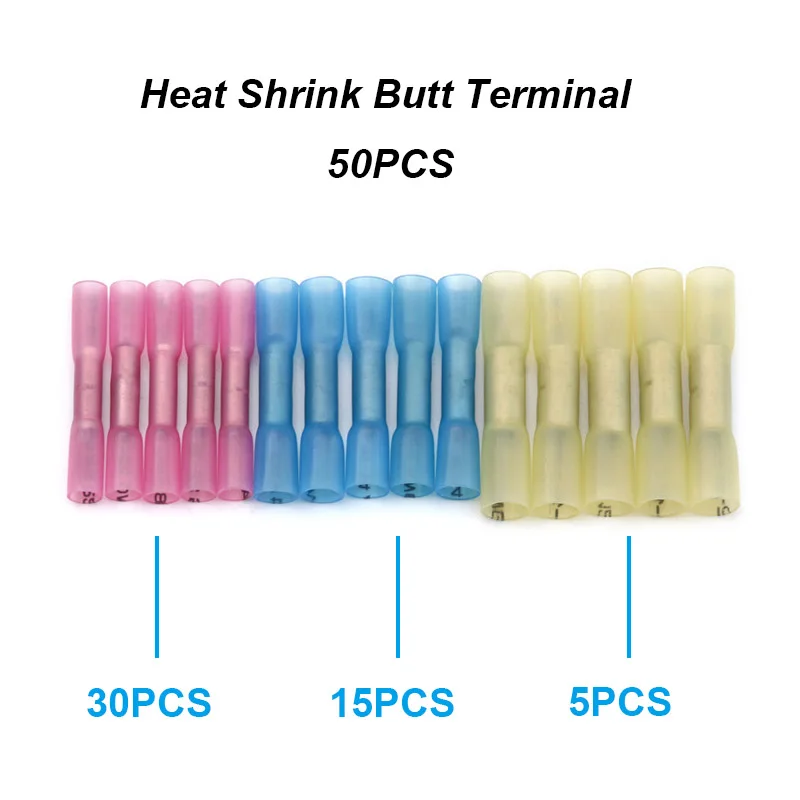 

50pcs Heat Shrink Butt Terminals Waterproof Insulated Electrical Wire Connectors Splice Terminal Wire Cable Kit 3 Sizes