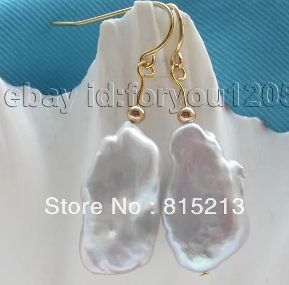 

wb0067 Natural 22mm white reborn keshi pearl Earrings 14k